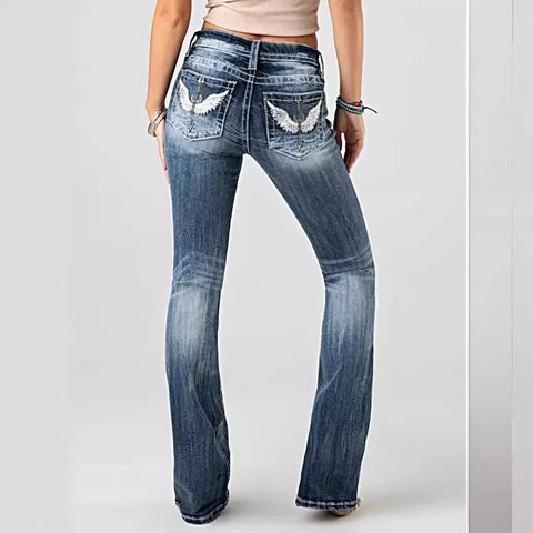 Women Embroidery Pockets Distressed Jeans Mid Waist Stretch Slim Fit Pants - American Thistle Women Embroidery Pockets Distressed Jeans Mid Waist Stretch Slim Fit Pants