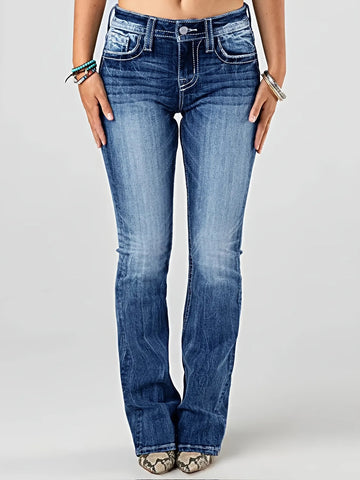 Women Embroidery Pockets Distressed Jeans Mid Waist Stretch Slim Fit Pants - American Thistle Women Embroidery Pockets Distressed Jeans Mid Waist Stretch Slim Fit Pants