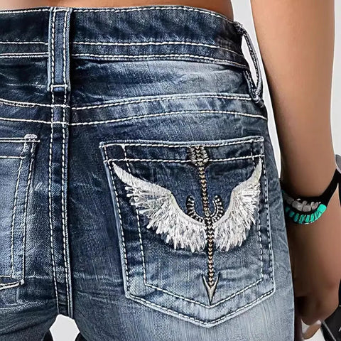 Women Embroidery Pockets Distressed Jeans Mid Waist Stretch Slim Fit Pants - American Thistle Women Embroidery Pockets Distressed Jeans Mid Waist Stretch Slim Fit Pants