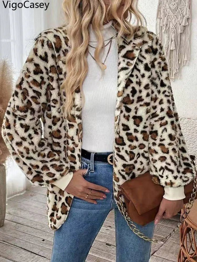 Women Faux Leopard Print Jacket Casual Long Sleeve Warm Coat - American Thistle Women Faux Leopard Print Jacket Casual Long Sleeve Warm Coat