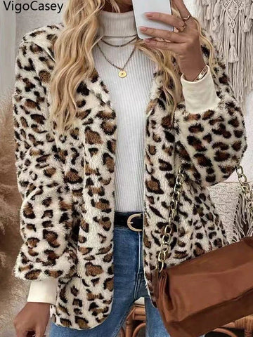 Women Faux Leopard Print Jacket Casual Long Sleeve Warm Coat - American Thistle Women Faux Leopard Print Jacket Casual Long Sleeve Warm Coat