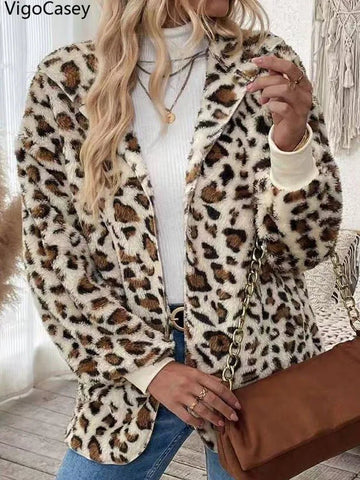 Women Faux Leopard Print Jacket Casual Long Sleeve Warm Coat - American Thistle Women Faux Leopard Print Jacket Casual Long Sleeve Warm Coat