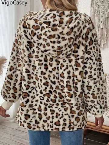 Women Faux Leopard Print Jacket Casual Long Sleeve Warm Coat - American Thistle Women Faux Leopard Print Jacket Casual Long Sleeve Warm Coat