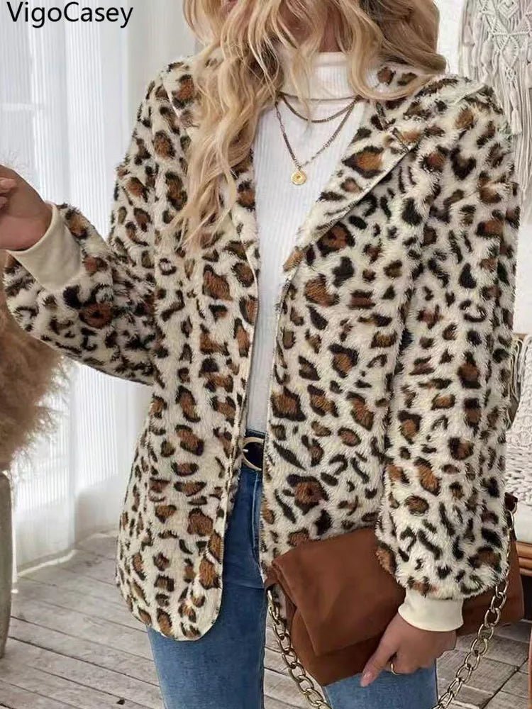 Women Faux Leopard Print Jacket Casual Long Sleeve Warm Coat - American Thistle Women Faux Leopard Print Jacket Casual Long Sleeve Warm Coat