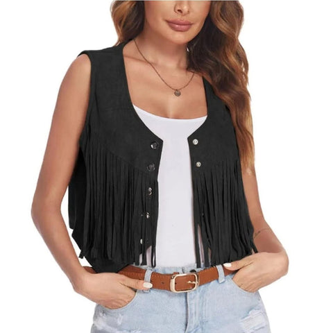 Women Faux Suede Ethnic Sleeveless Fringe Tassels Cowgirl Waistcoat Vest - American Thistle Women Faux Suede Ethnic Sleeveless Fringe Tassels Cowgirl Waistcoat Vest