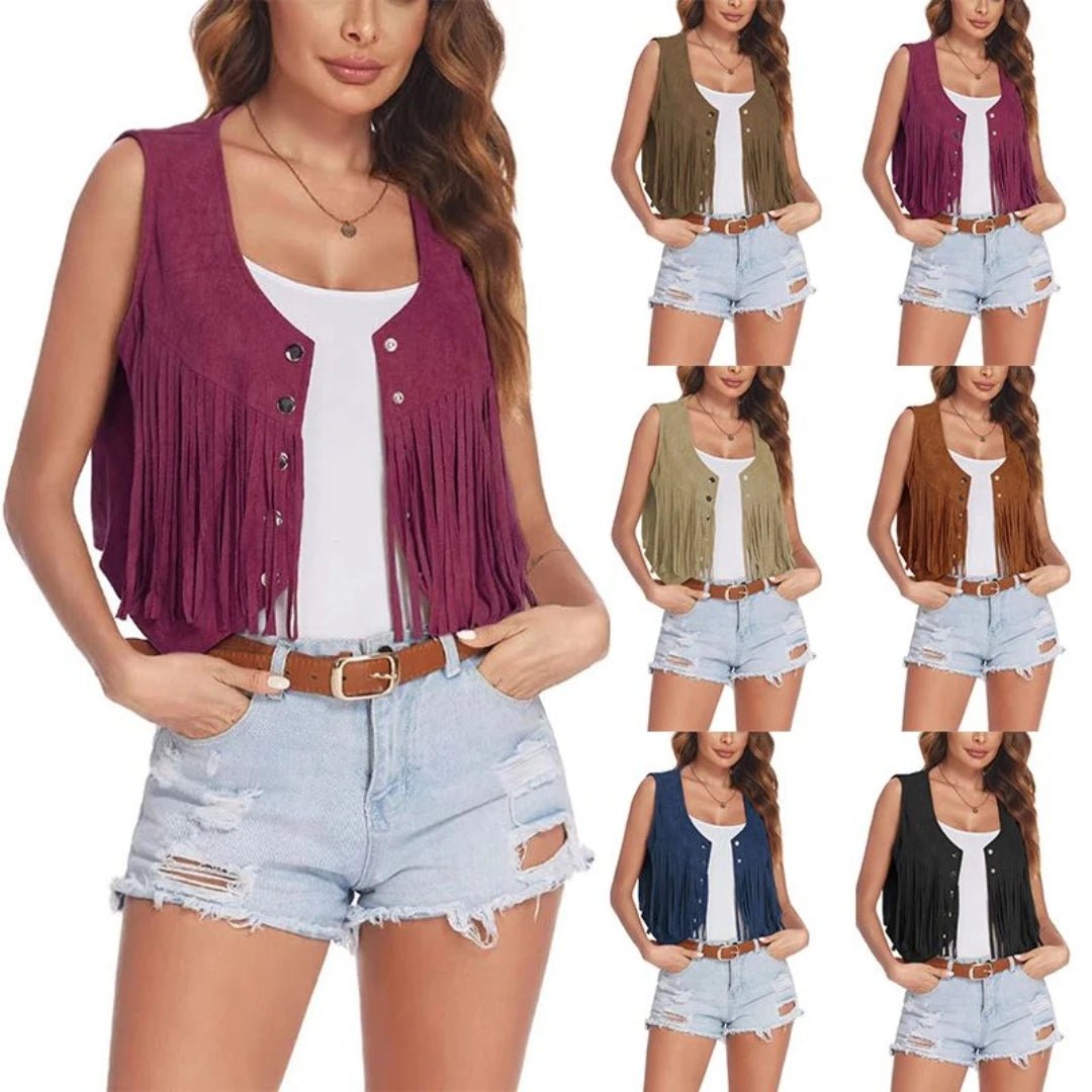 Women Faux Suede Ethnic Sleeveless Fringe Tassels Cowgirl Waistcoat Vest - American Thistle Women Faux Suede Ethnic Sleeveless Fringe Tassels Cowgirl Waistcoat Vest