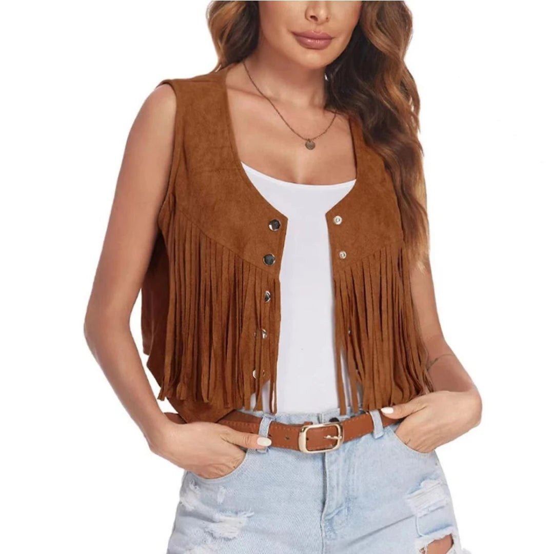 Women Faux Suede Ethnic Sleeveless Fringe Tassels Cowgirl Waistcoat Vest - American Thistle Women Faux Suede Ethnic Sleeveless Fringe Tassels Cowgirl Waistcoat Vest