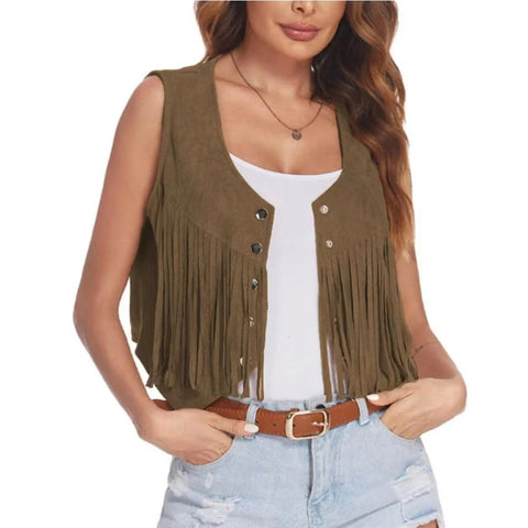 Women Faux Suede Ethnic Sleeveless Fringe Tassels Cowgirl Waistcoat Vest - American Thistle Women Faux Suede Ethnic Sleeveless Fringe Tassels Cowgirl Waistcoat Vest