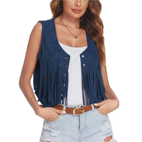 Women Faux Suede Ethnic Sleeveless Fringe Tassels Cowgirl Waistcoat Vest - American Thistle Women Faux Suede Ethnic Sleeveless Fringe Tassels Cowgirl Waistcoat Vest