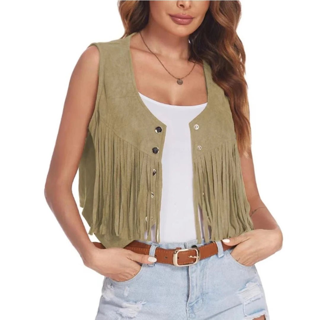 Women Faux Suede Ethnic Sleeveless Fringe Tassels Cowgirl Waistcoat Vest - American Thistle Women Faux Suede Ethnic Sleeveless Fringe Tassels Cowgirl Waistcoat Vest