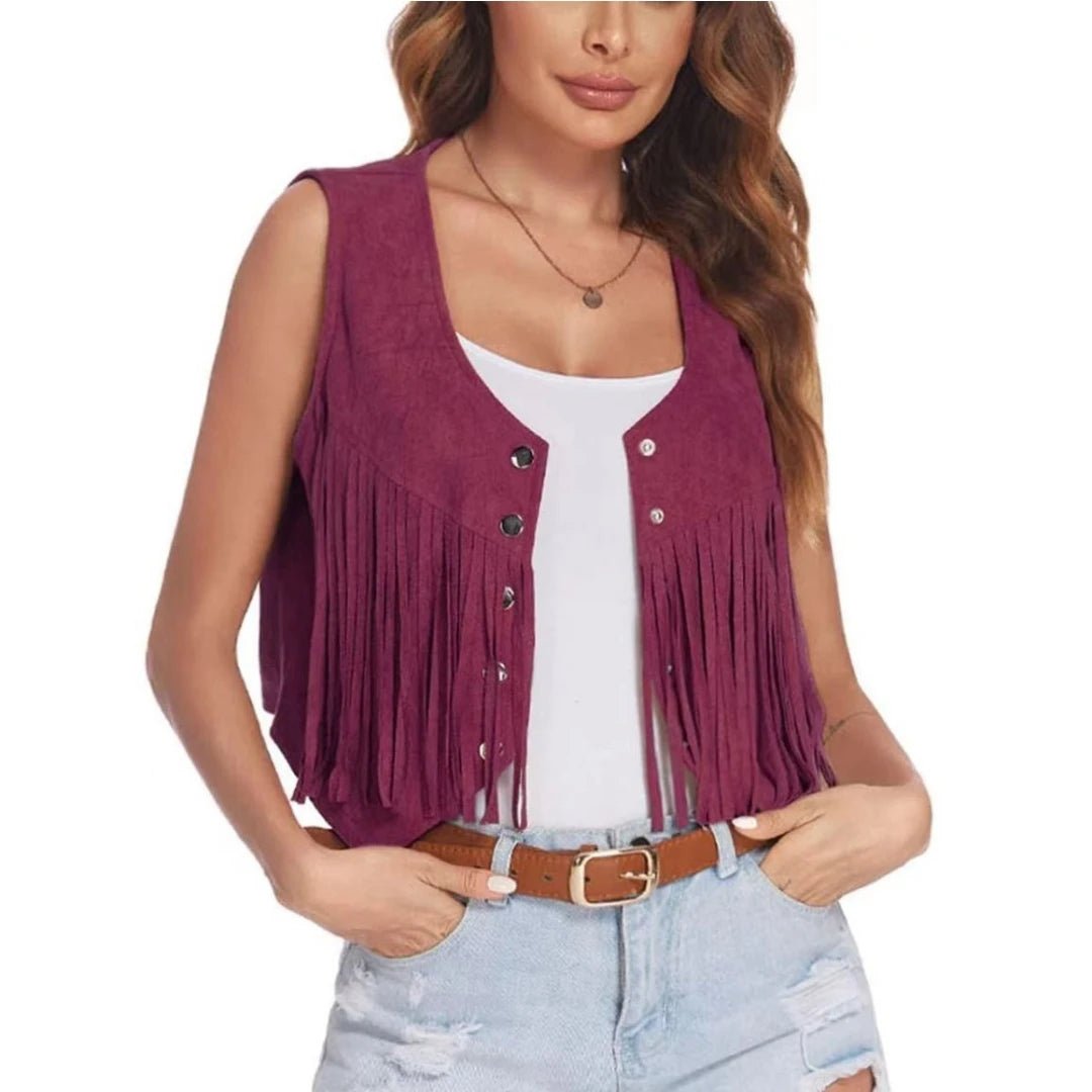 Women Faux Suede Ethnic Sleeveless Fringe Tassels Cowgirl Waistcoat Vest - American Thistle Women Faux Suede Ethnic Sleeveless Fringe Tassels Cowgirl Waistcoat Vest