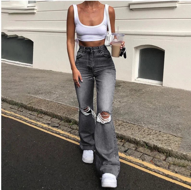 Women Flare Bell Bottom Jeans High Waisted Wide Ripped Leg Denim Pants - American Thistle Women Flare Bell Bottom Jeans High Waisted Wide Ripped Leg Denim Pants