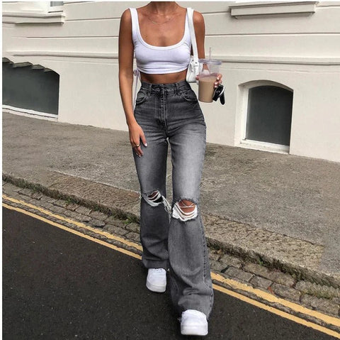 Women Flare Bell Bottom Jeans High Waisted Wide Ripped Leg Denim Pants - American Thistle Women Flare Bell Bottom Jeans High Waisted Wide Ripped Leg Denim Pants