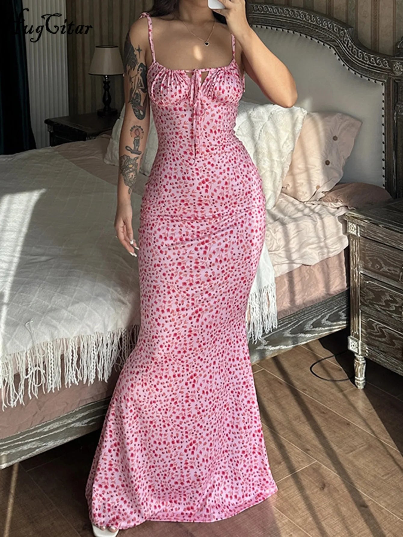 Women Floral Bodycon Long Dress - American Thistle Women Floral Bodycon Long Dress