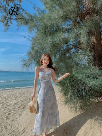 Women Floral Spaghetti Strap Dress Elastic Backless - American Thistle Women Floral Spaghetti Strap Dress Elastic Backless