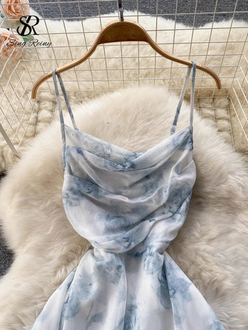 Women Floral Spaghetti Strap Dress Elastic Backless - American Thistle Women Floral Spaghetti Strap Dress Elastic Backless