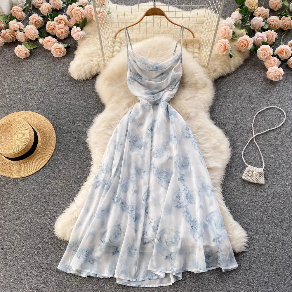 Women Floral Spaghetti Strap Dress Elastic Backless - American Thistle Women Floral Spaghetti Strap Dress Elastic Backless