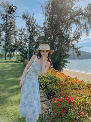 Women Floral Spaghetti Strap Dress Elastic Backless - American Thistle Women Floral Spaghetti Strap Dress Elastic Backless