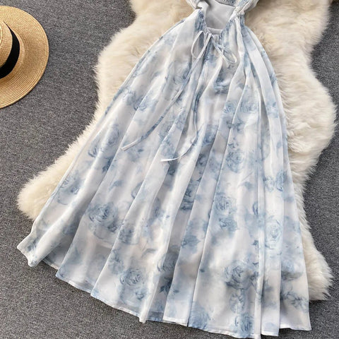 Women Floral Spaghetti Strap Dress Elastic Backless - American Thistle Women Floral Spaghetti Strap Dress Elastic Backless
