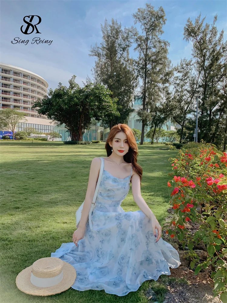 Women Floral Spaghetti Strap Dress Elastic Backless - American Thistle Women Floral Spaghetti Strap Dress Elastic Backless