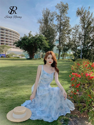 Women Floral Spaghetti Strap Dress Elastic Backless - American Thistle Women Floral Spaghetti Strap Dress Elastic Backless