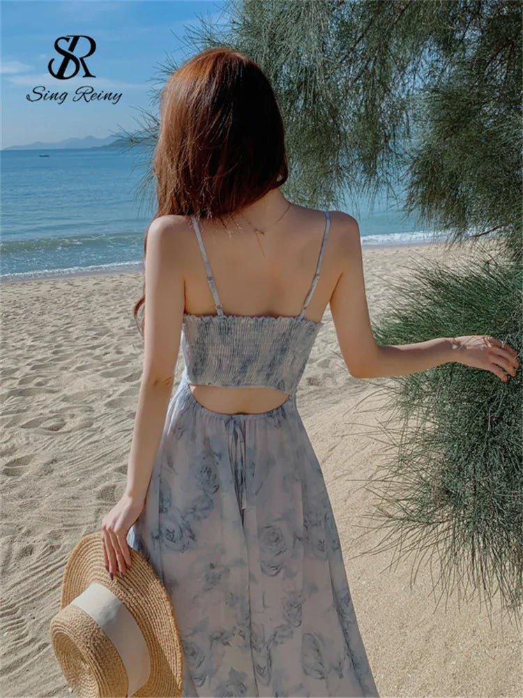 Women Floral Spaghetti Strap Dress Elastic Backless - American Thistle Women Floral Spaghetti Strap Dress Elastic Backless