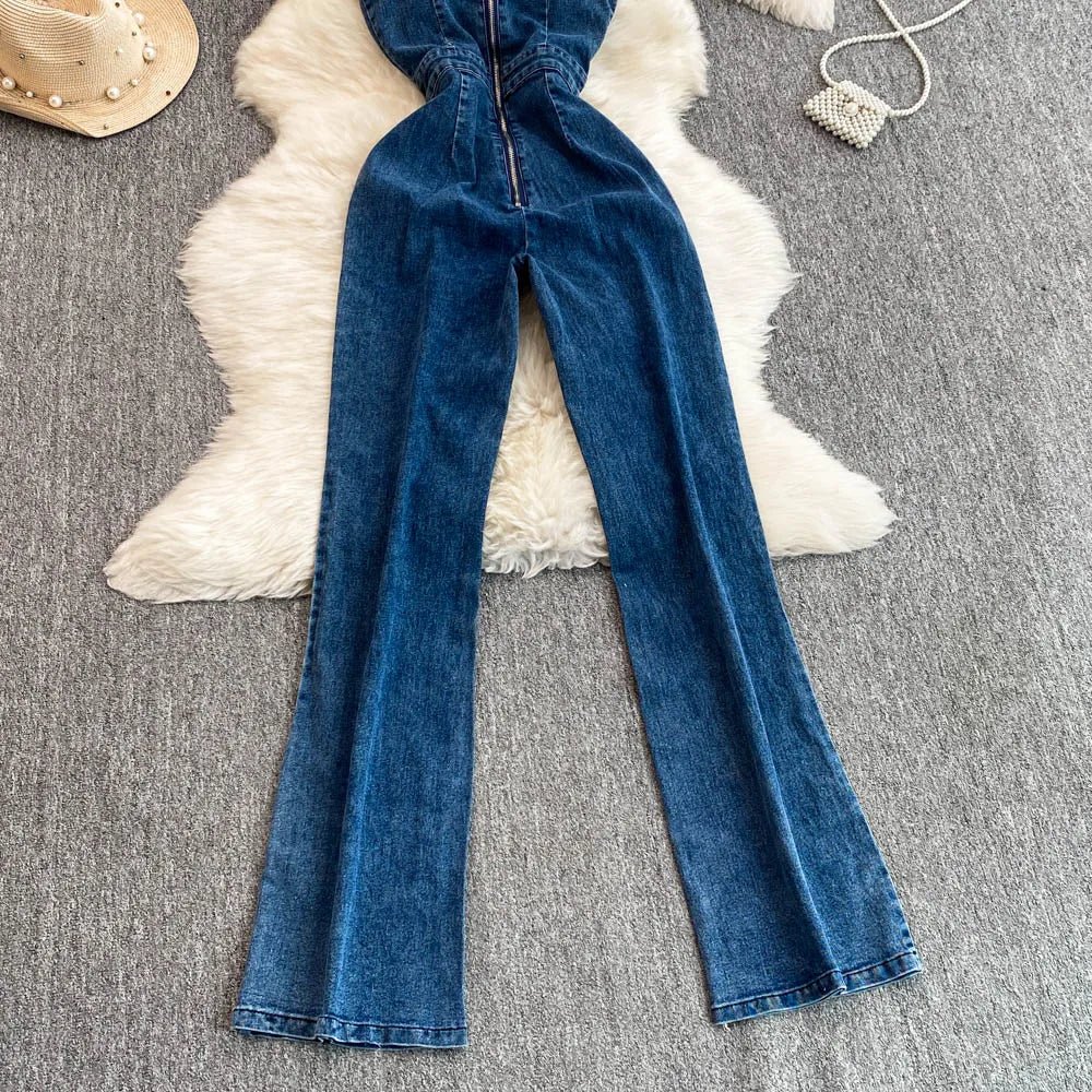 Women Jean Jumpsuit Rompers Single Breasted Sleeveless Vintage Denim - American Thistle Women Jean Jumpsuit Rompers Single Breasted Sleeveless Vintage Denim