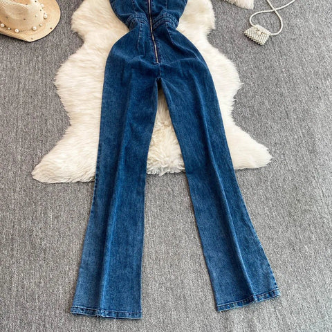 Women Jean Jumpsuit Rompers Single Breasted Sleeveless Vintage Denim - American Thistle Women Jean Jumpsuit Rompers Single Breasted Sleeveless Vintage Denim