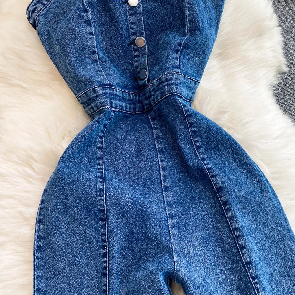 Women Jean Jumpsuit Rompers Single Breasted Sleeveless Vintage Denim - American Thistle Women Jean Jumpsuit Rompers Single Breasted Sleeveless Vintage Denim