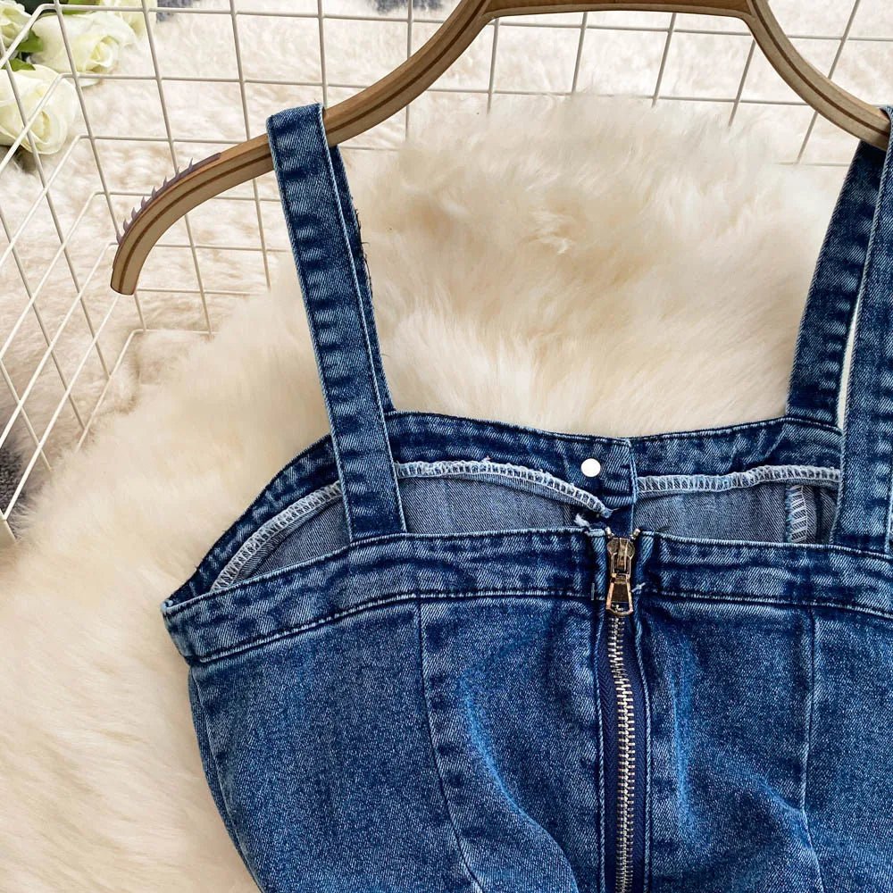 Women Jean Jumpsuit Rompers Single Breasted Sleeveless Vintage Denim - American Thistle Women Jean Jumpsuit Rompers Single Breasted Sleeveless Vintage Denim