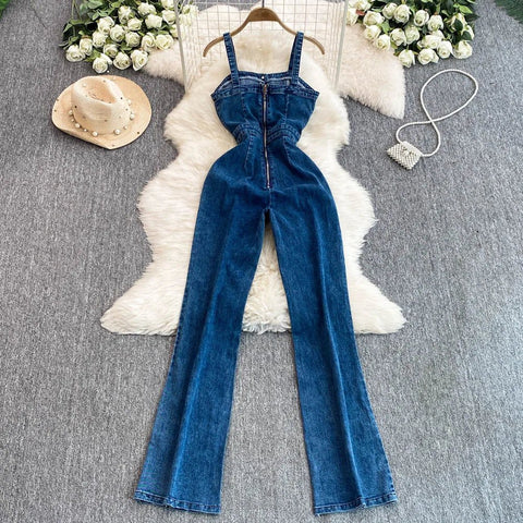 Women Jean Jumpsuit Rompers Single Breasted Sleeveless Vintage Denim - American Thistle Women Jean Jumpsuit Rompers Single Breasted Sleeveless Vintage Denim
