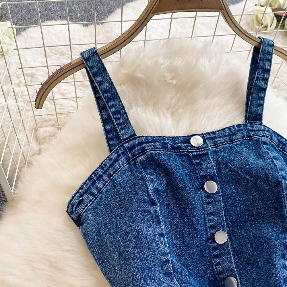 Women Jean Jumpsuit Rompers Single Breasted Sleeveless Vintage Denim - American Thistle Women Jean Jumpsuit Rompers Single Breasted Sleeveless Vintage Denim