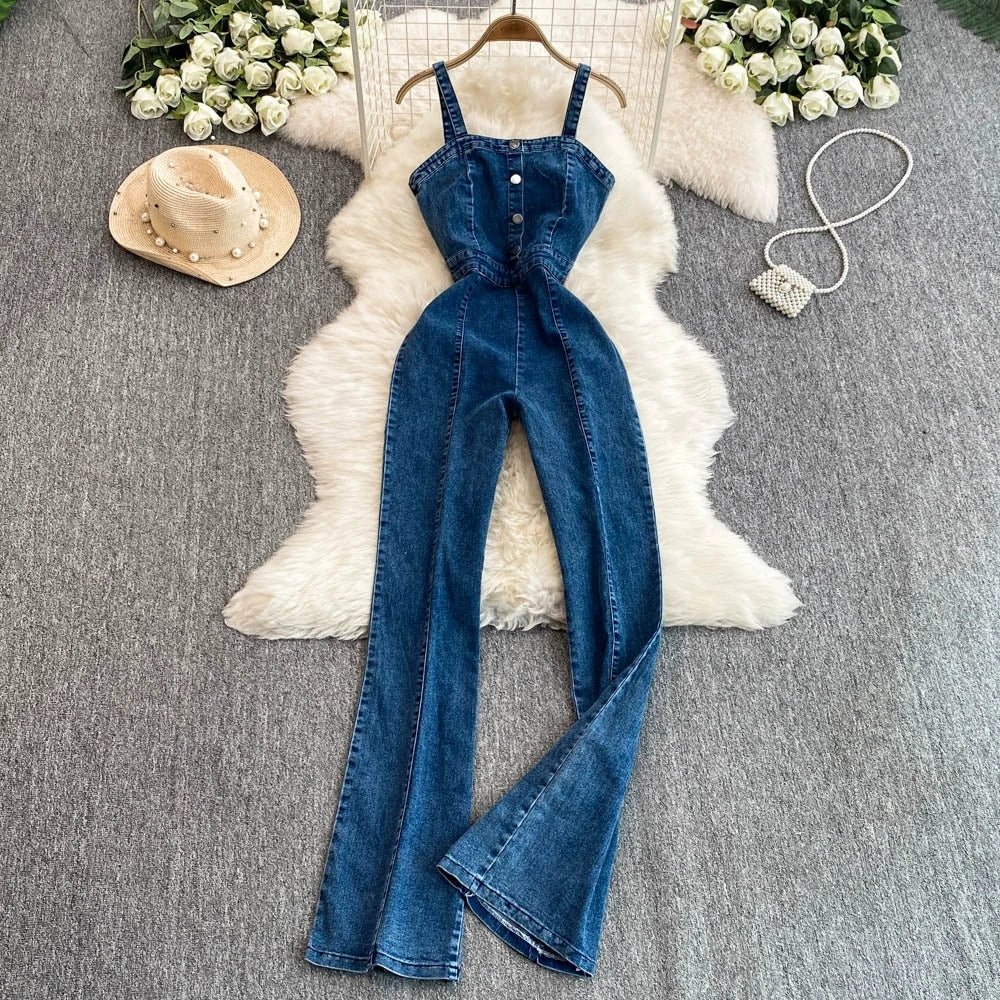 Women Jean Jumpsuit Rompers Single Breasted Sleeveless Vintage Denim - American Thistle Women Jean Jumpsuit Rompers Single Breasted Sleeveless Vintage Denim