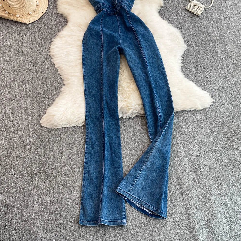 Women Jean Jumpsuit Rompers Single Breasted Sleeveless Vintage Denim - American Thistle Women Jean Jumpsuit Rompers Single Breasted Sleeveless Vintage Denim