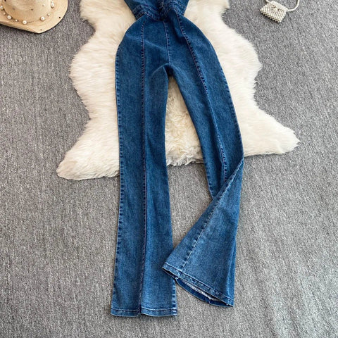 Women Jean Jumpsuit Rompers Single Breasted Sleeveless Vintage Denim - American Thistle Women Jean Jumpsuit Rompers Single Breasted Sleeveless Vintage Denim