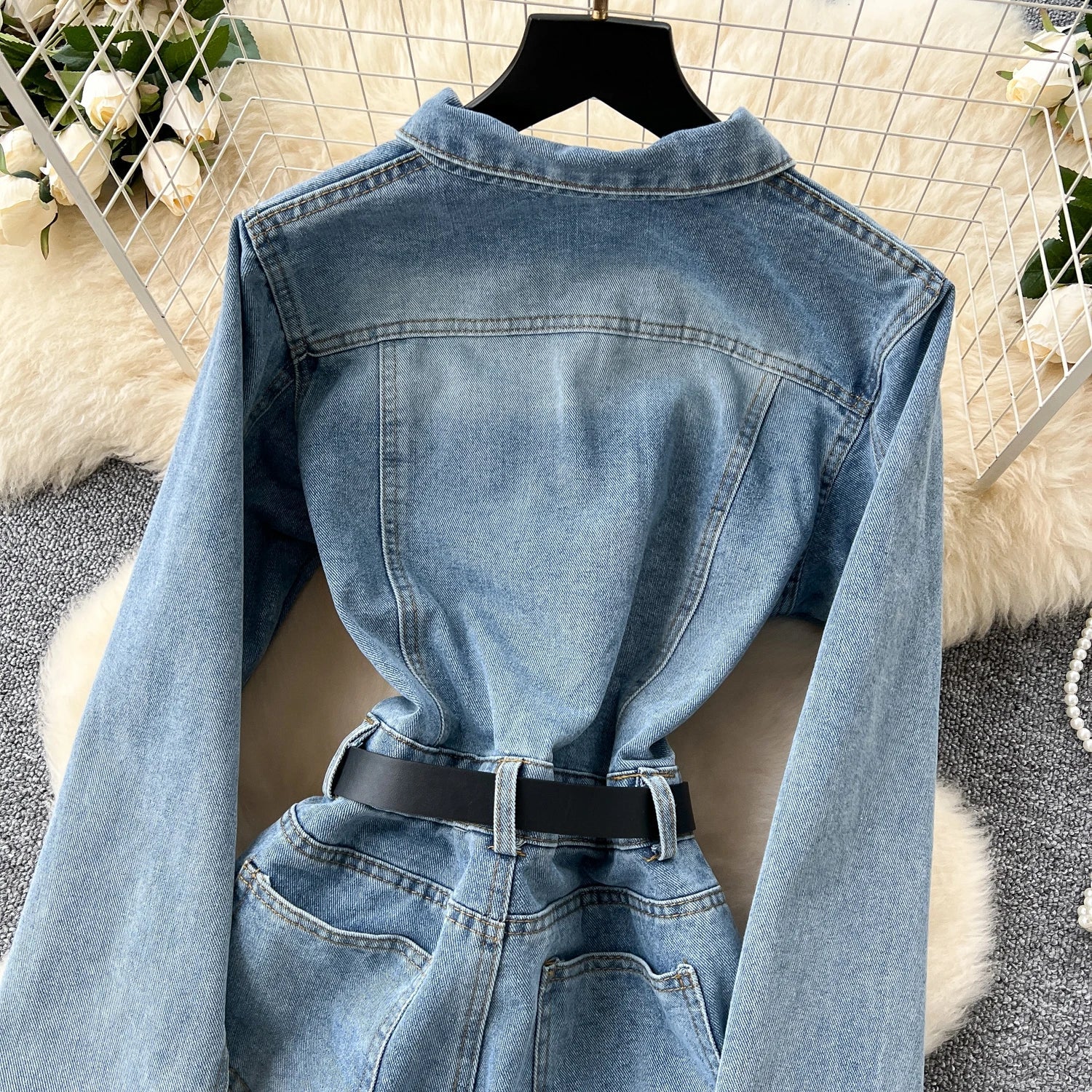 Women Long Sleeve Denim Jumpersuit Rompers Chic Fashion Retro Long - sleeved High - waisted Casual Jeans - American Thistle Women Long Sleeve Denim Jumpersuit Rompers Chic Fashion Retro Long - sleeved High - waisted Casual Jeans