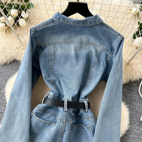 Women Long Sleeve Denim Jumpersuit Rompers Chic Fashion Retro Long - sleeved High - waisted Casual Jeans - American Thistle Women Long Sleeve Denim Jumpersuit Rompers Chic Fashion Retro Long - sleeved High - waisted Casual Jeans