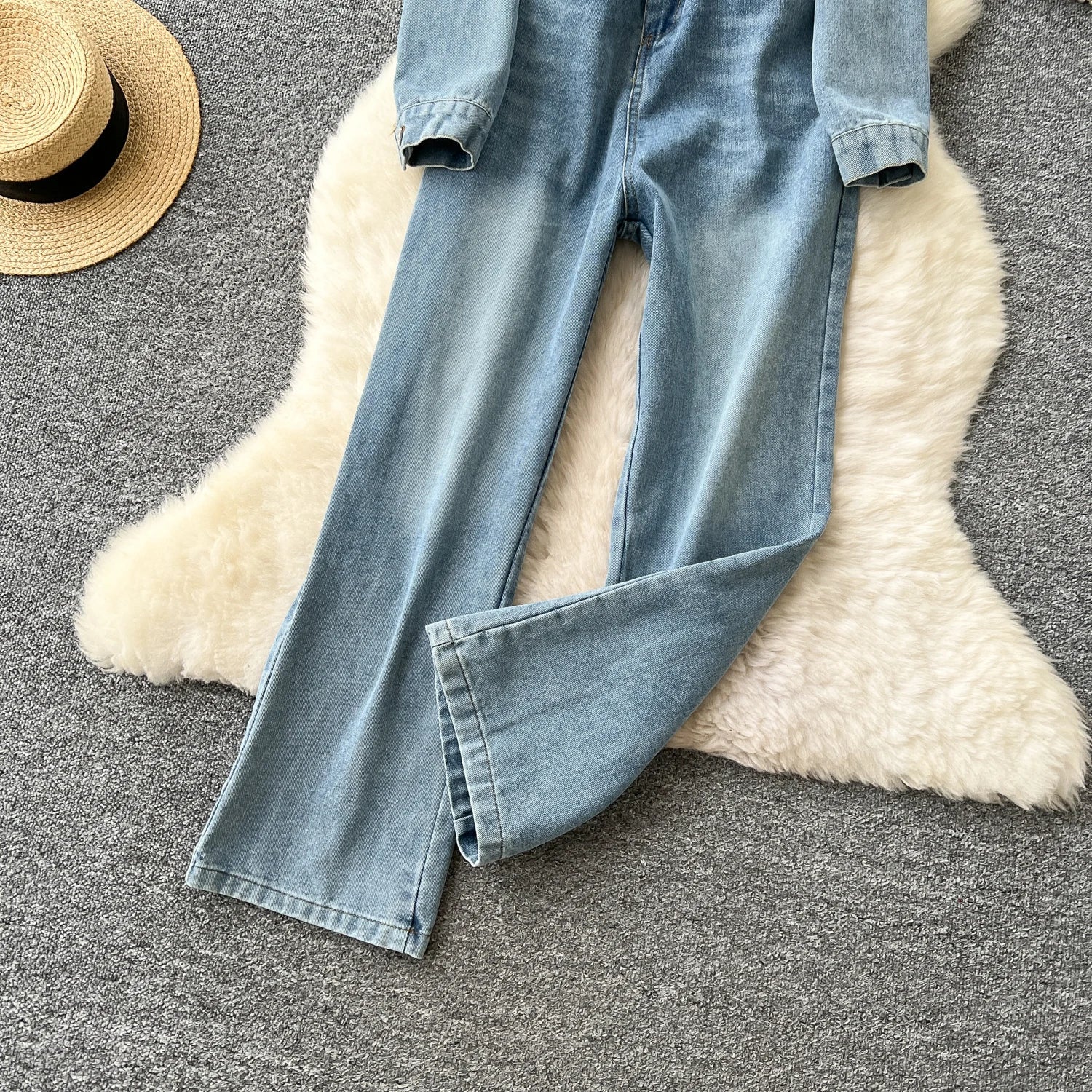 Women Long Sleeve Denim Jumpersuit Rompers Chic Fashion Retro Long - sleeved High - waisted Casual Jeans - American Thistle Women Long Sleeve Denim Jumpersuit Rompers Chic Fashion Retro Long - sleeved High - waisted Casual Jeans