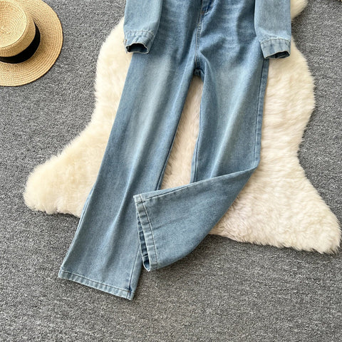Women Long Sleeve Denim Jumpersuit Rompers Chic Fashion Retro Long - sleeved High - waisted Casual Jeans - American Thistle Women Long Sleeve Denim Jumpersuit Rompers Chic Fashion Retro Long - sleeved High - waisted Casual Jeans
