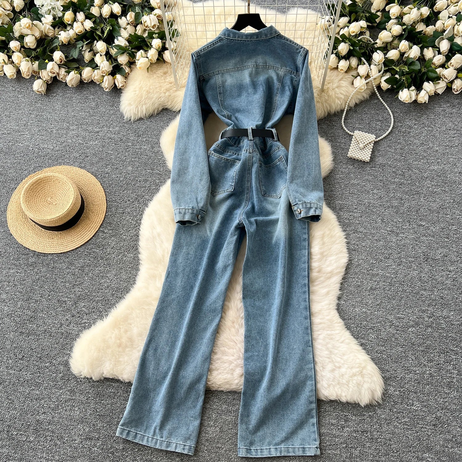 Women Long Sleeve Denim Jumpersuit Rompers Chic Fashion Retro Long - sleeved High - waisted Casual Jeans - American Thistle Women Long Sleeve Denim Jumpersuit Rompers Chic Fashion Retro Long - sleeved High - waisted Casual Jeans
