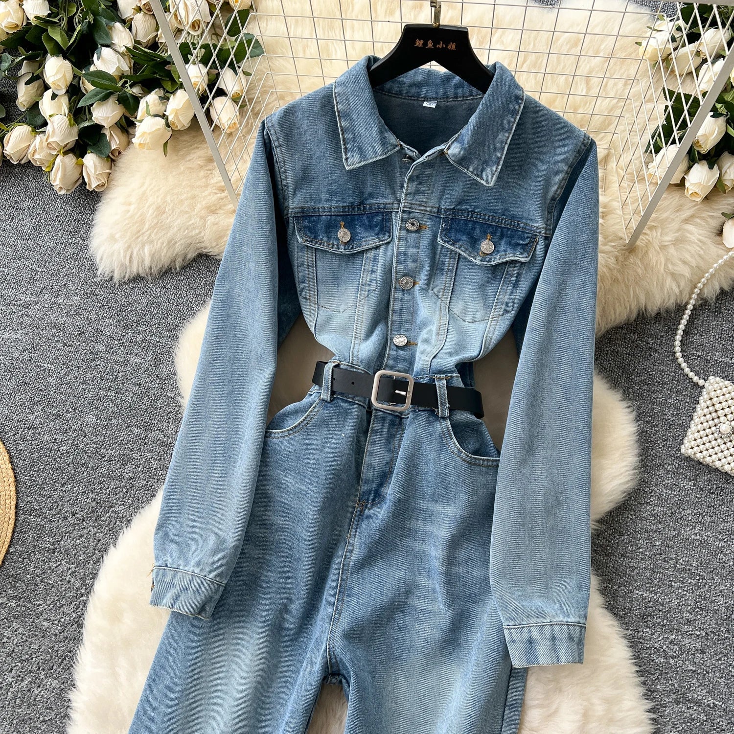 Women Long Sleeve Denim Jumpersuit Rompers Chic Fashion Retro Long - sleeved High - waisted Casual Jeans - American Thistle Women Long Sleeve Denim Jumpersuit Rompers Chic Fashion Retro Long - sleeved High - waisted Casual Jeans