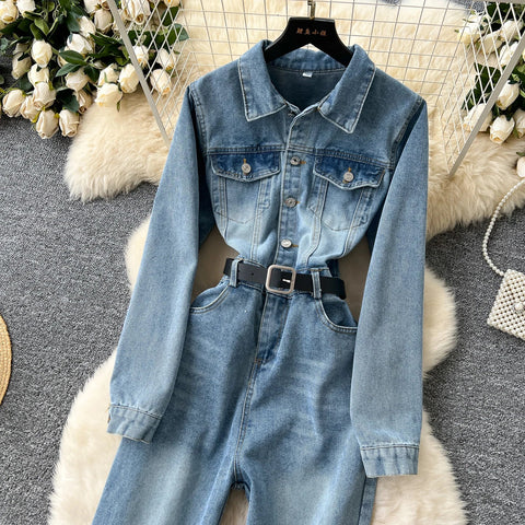 Women Long Sleeve Denim Jumpersuit Rompers Chic Fashion Retro Long - sleeved High - waisted Casual Jeans - American Thistle Women Long Sleeve Denim Jumpersuit Rompers Chic Fashion Retro Long - sleeved High - waisted Casual Jeans