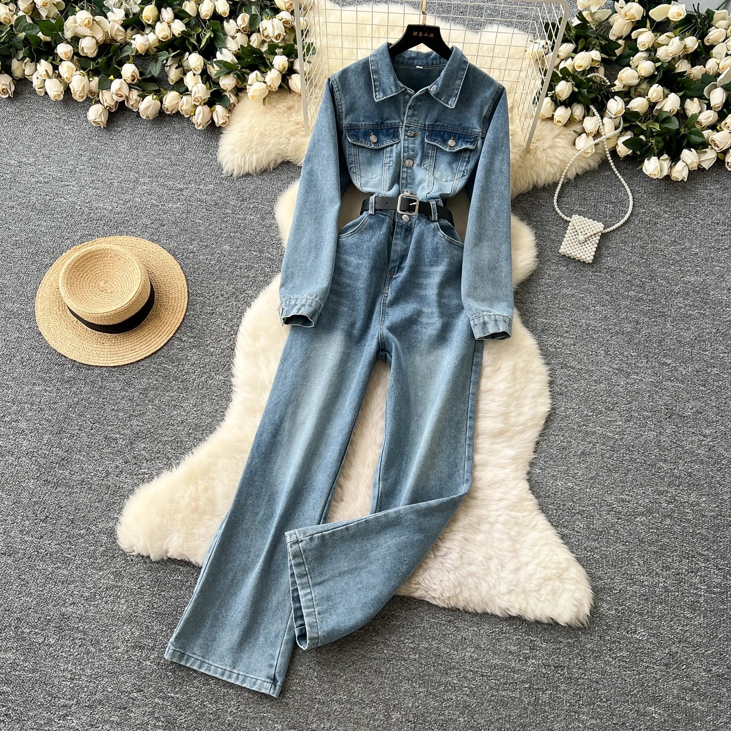 Women Long Sleeve Denim Jumpersuit Rompers Chic Fashion Retro Long - sleeved High - waisted Casual Jeans - American Thistle Women Long Sleeve Denim Jumpersuit Rompers Chic Fashion Retro Long - sleeved High - waisted Casual Jeans