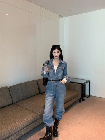 Women Long Sleeve Denim Jumpersuit Rompers Chic Fashion Retro Long - sleeved High - waisted Casual Jeans - American Thistle Women Long Sleeve Denim Jumpersuit Rompers Chic Fashion Retro Long - sleeved High - waisted Casual Jeans