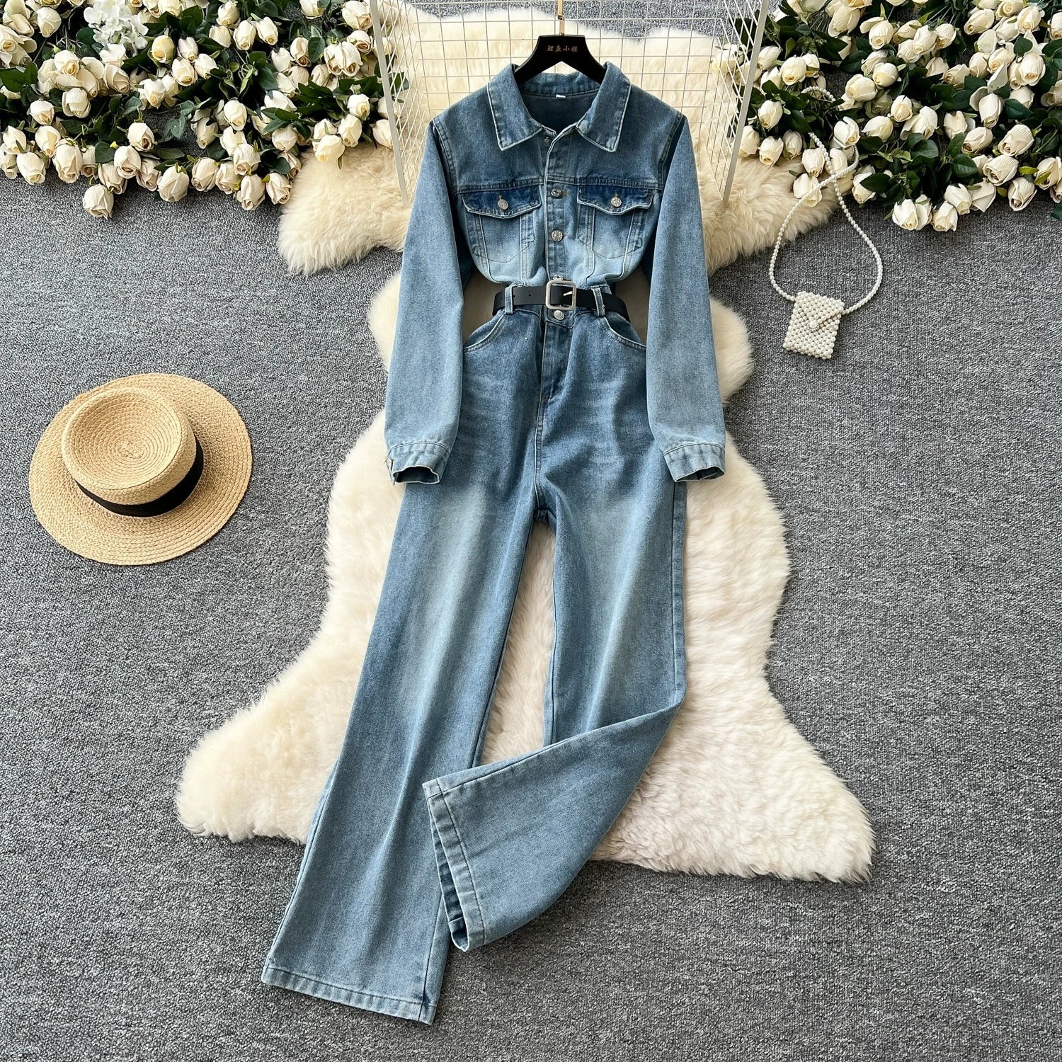 Women Long Sleeve Denim Jumpersuit Rompers Chic Fashion Retro Long - sleeved High - waisted Casual Jeans - American Thistle Women Long Sleeve Denim Jumpersuit Rompers Chic Fashion Retro Long - sleeved High - waisted Casual Jeans