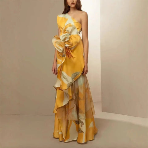 Women Off the Shoulder Floral Elegant Dress French Waist Cinching with Three - dimensional Flowers - American Thistle Women Off the Shoulder Floral Elegant Dress French Waist Cinching with Three - dimensional Flowers