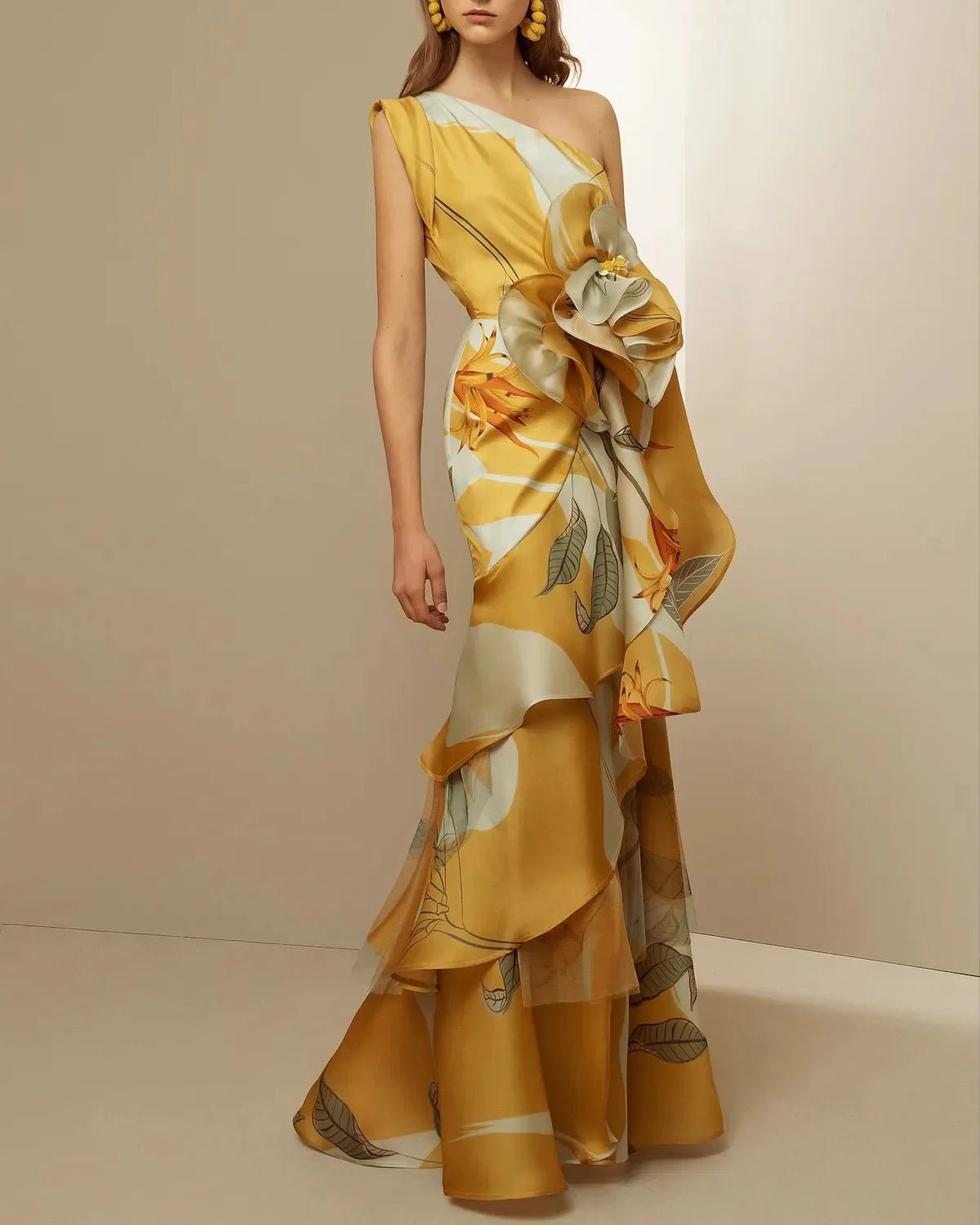 Women Off the Shoulder Floral Elegant Dress French Waist Cinching with Three - dimensional Flowers - American Thistle Women Off the Shoulder Floral Elegant Dress French Waist Cinching with Three - dimensional Flowers