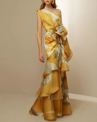 Women Off the Shoulder Floral Elegant Dress French Waist Cinching with Three - dimensional Flowers - American Thistle Women Off the Shoulder Floral Elegant Dress French Waist Cinching with Three - dimensional Flowers