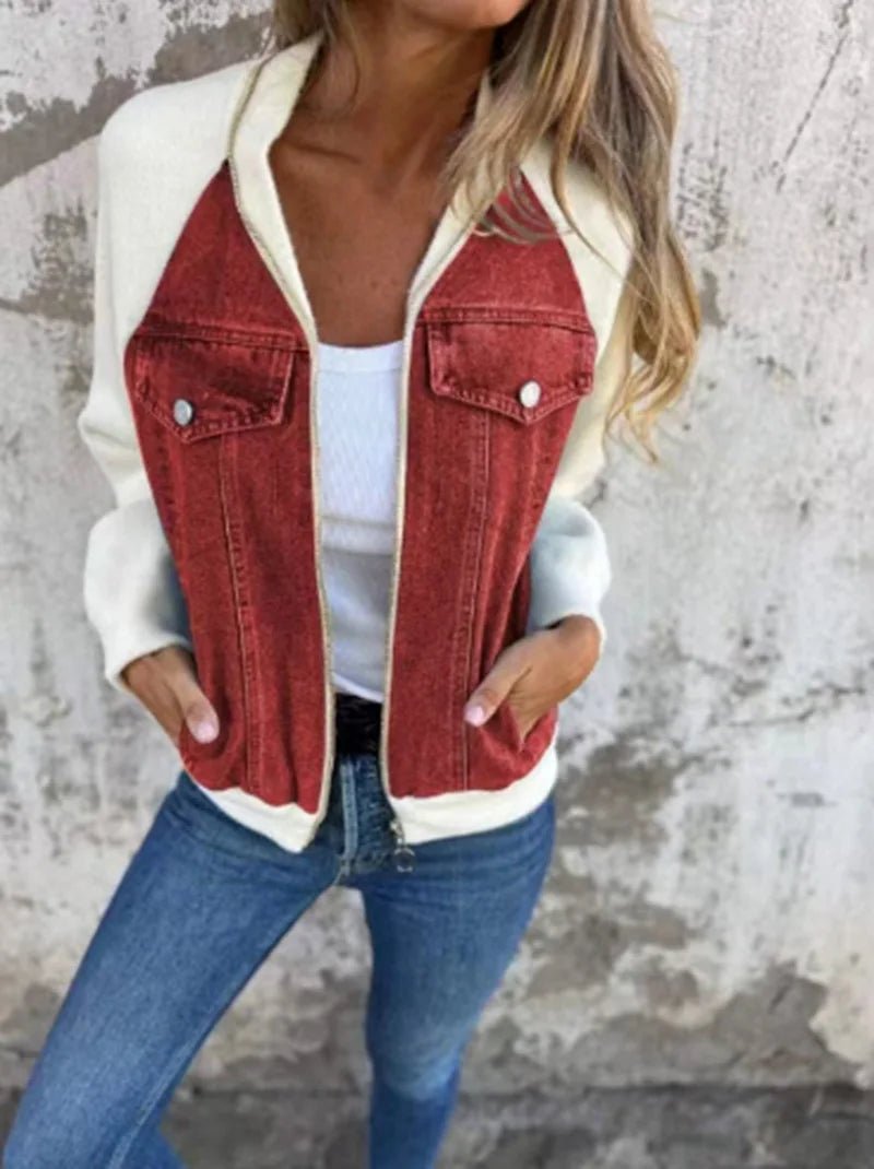 Women Patchwork Denim Coat Autumn 2025 Stand Collar with Pockets Washed Outerwear Streetwear Retro - American ThistleWomen Patchwork Denim Coat Autumn 2025 Stand Collar with Pockets Washed Outerwear Streetwear Retro