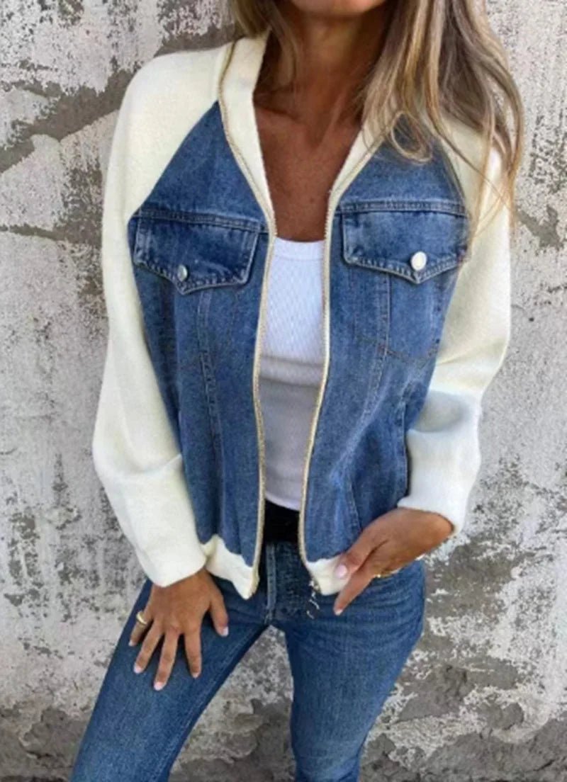 Women Patchwork Denim Coat Autumn 2025 Stand Collar with Pockets Washed Outerwear Streetwear Retro - American ThistleWomen Patchwork Denim Coat Autumn 2025 Stand Collar with Pockets Washed Outerwear Streetwear Retro